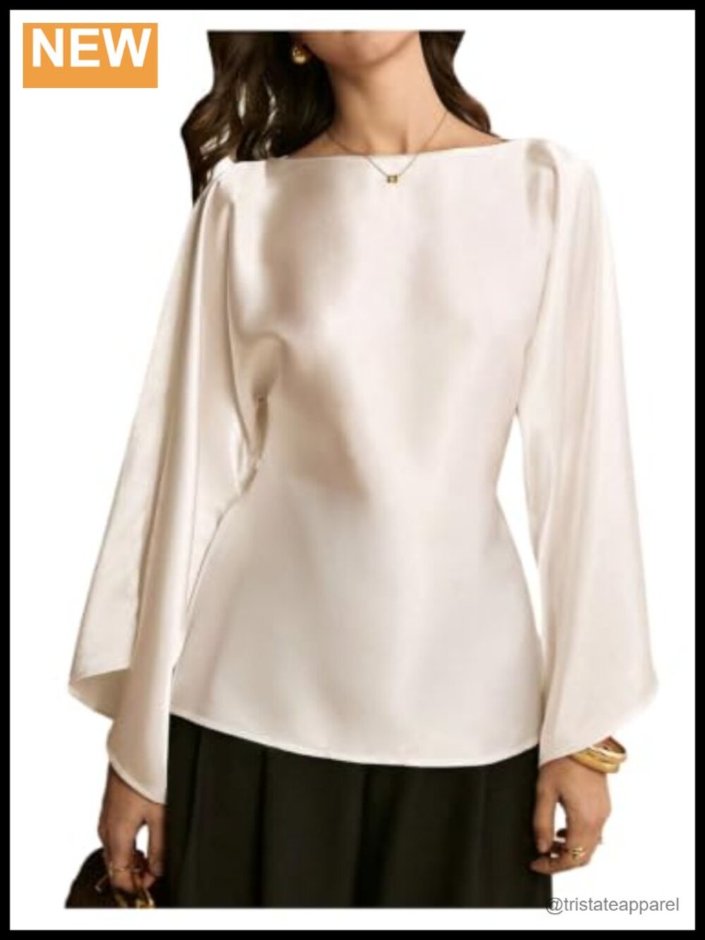 Satin Blouse Long Sleeve Boat Neck Tie Back Women's Top